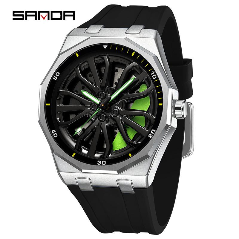 Fashion Sanda Top Brand Men's 360° Rotating Car Wheel Skeleton Dial Watch Luminous Quartz Sport Silicone Strap For Student Watch
