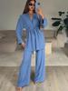 European & American 2025 Casual Tie-Up Top with Long Sleeve and Comfortable Long Pants Set