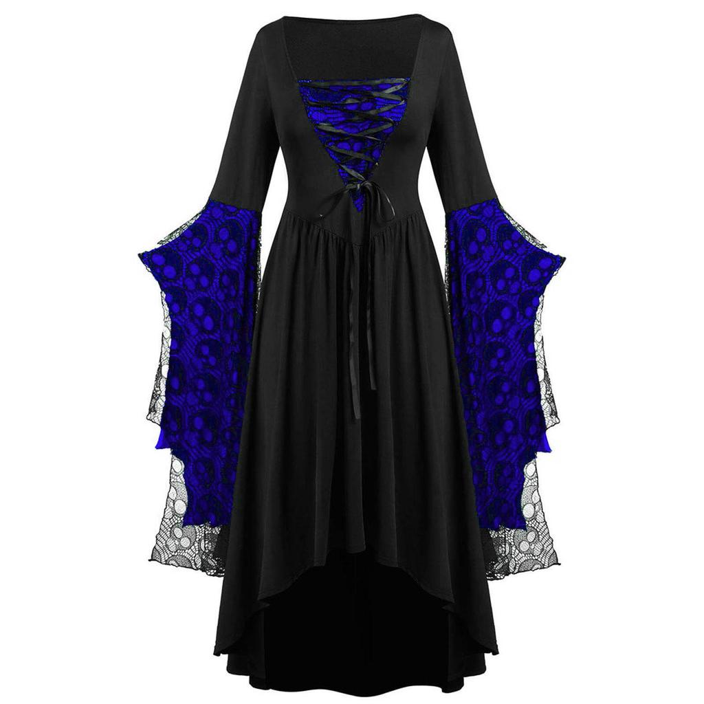 Women Gothic Skull Lace Bell Sleeve High Low Dress Halloween Cosplay Square Neck Lace Up Vintage Witch Party Long Dress