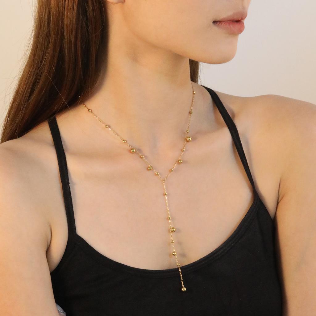 Long tassel necklace Trendy round steel bead necklace 18K gold-plated stainless steel jewelry women