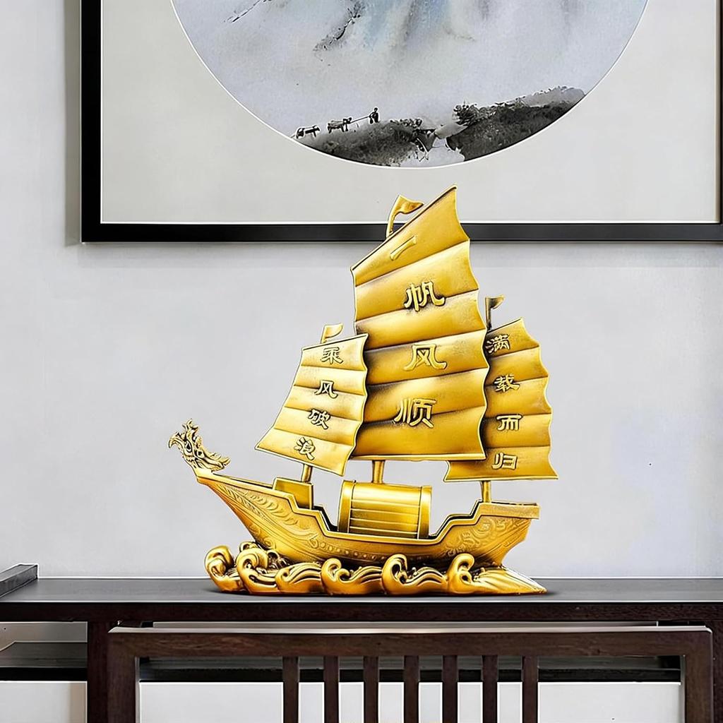 Brass Dragon Head Sailboat Feng Shui Statue – Chinese Smooth Sailing & Prosperity Figurine for Entryway, Home Office Desk or Shelf Decor, Gift for