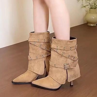 Temperament Spice Girls Niche Pants Γυναικείες Μπότες με Αγκράφα Ζώνης Νέες Ψηλοτάκουνες Μπότες με Μυτερό Πριτσίνι Κοντές Μπότες Λεπτές Μονές Μπότες