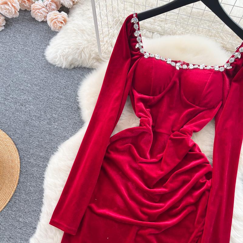 Elegant Square Neck Velvet Split Dress Women Solid Long Sleeve Chic Vintage Clothes Female Korean Fashion Ceremonial Midi Dresses 2024