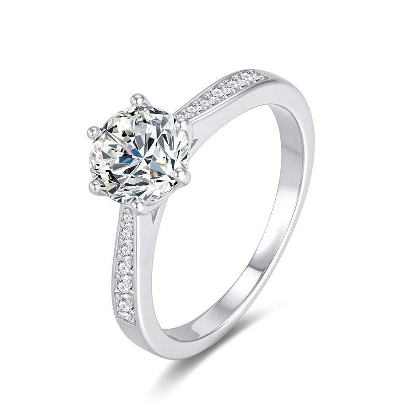 Korean Style High-End 2 Carat Moissanite Ring - 925 Sterling Silver Crown Classic Six-Prong Setting Size 5