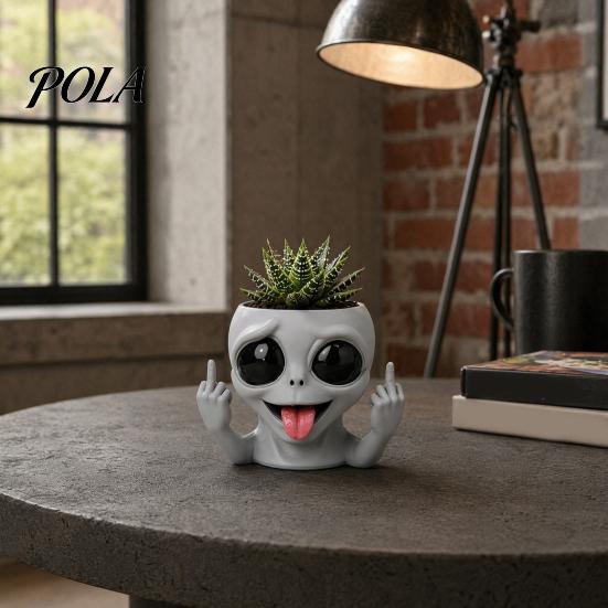 Desktop Plant Pot Funny Alien Face Planter, 3D Printed Novelty Pot, Cute Gray Cactus Head Planter for Succulents Cacti Home Table Shelf Decoration