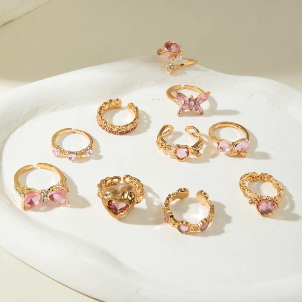 10Pcs/Set Bow Design Heart Butterfly Rings Gold Silver Color Mix Style Rings Korean Style
