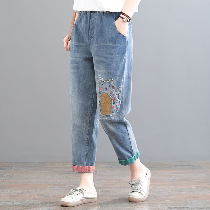 Jeans Women Cotton Embroidery Nine High Waist Wide Leg Pants Casual Vintage Loose Trousers