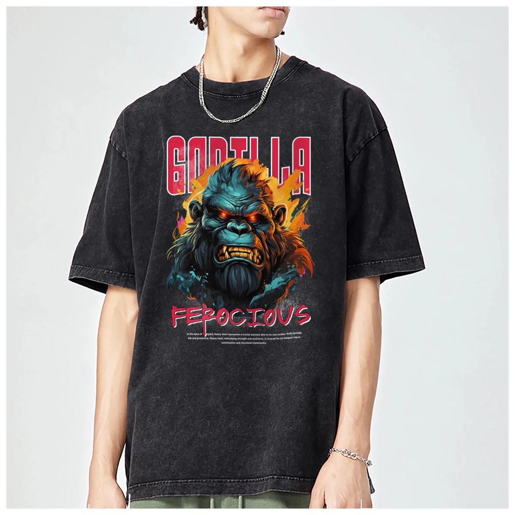 Ferocious Gorilla Graphics American Harajuku Oversized T Shirt Womens Trendy Fashion Casual Vintage Washed Cotton Tops