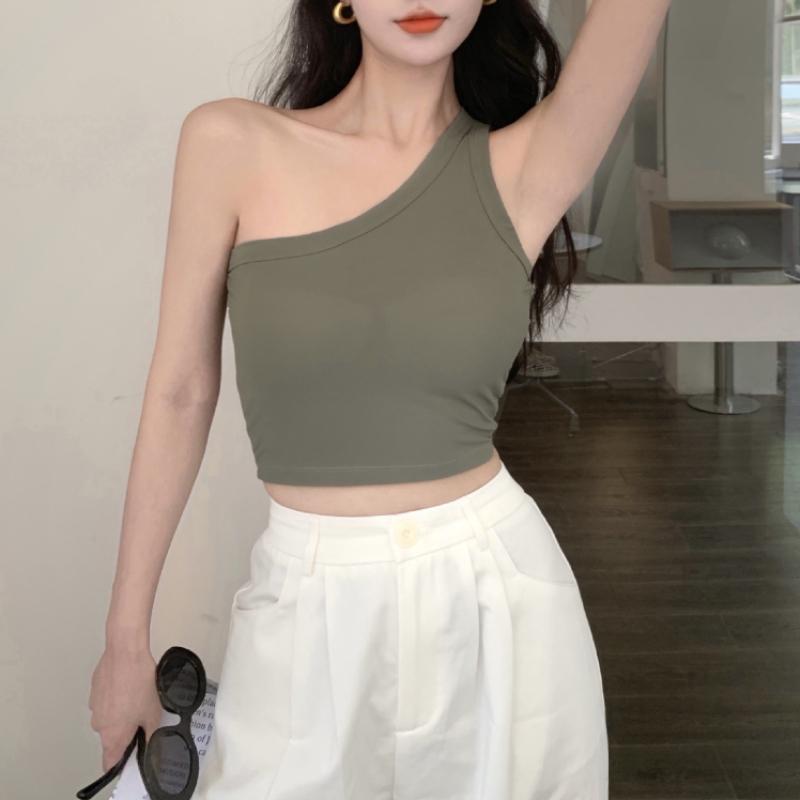 Camisole d'été pour femmes, épaules diagonales, haut polyvalent, nombril ouvert, haut court