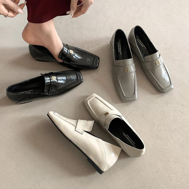 New Women's Fashion Single Shoes, Low Heels, One Pedal, Flat-soled Fashion Cowhide Women's Shoes, Women Wearing Small Leather Shoes In All Seasons