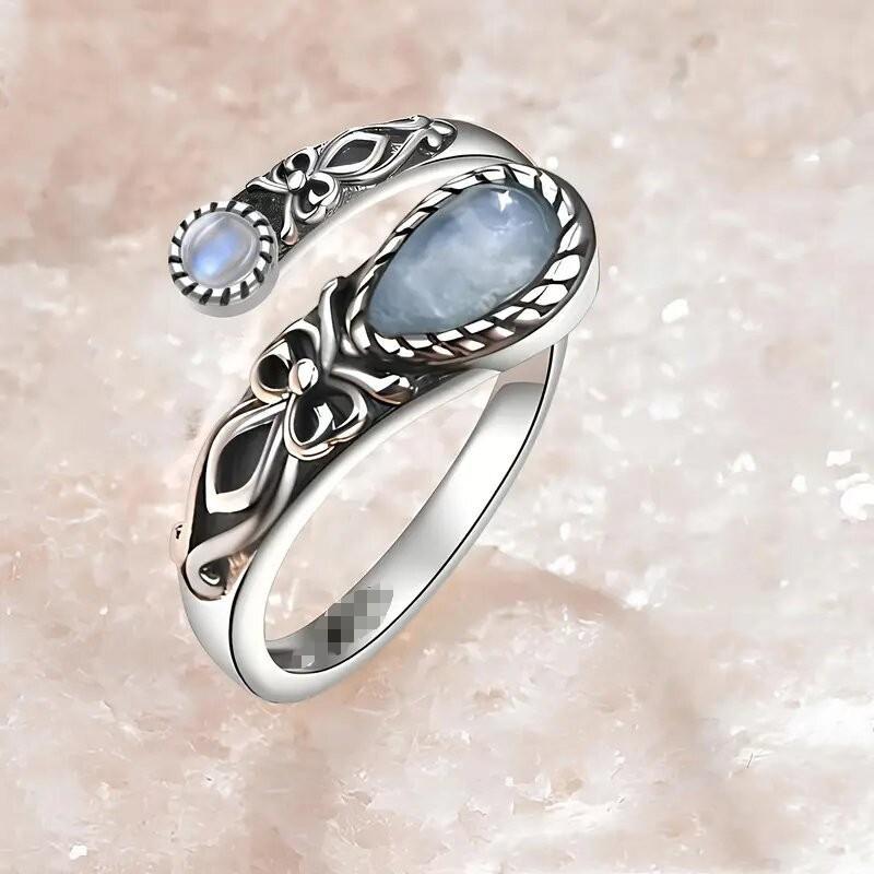 Moonstone spoon ring, Victorian vintage relief bow, Bosnian ring. opening adjustable
