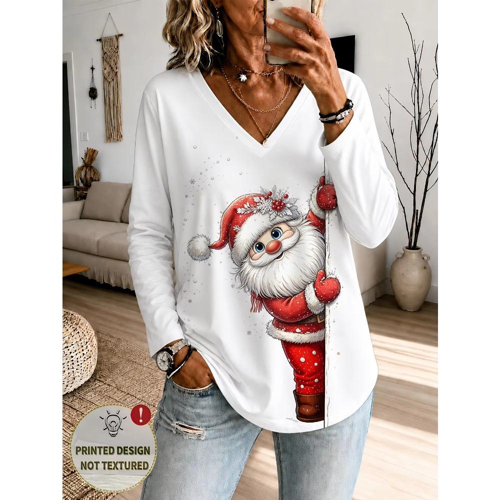 Fashion Christmas Theme Fun Printed Women V Neck Long Sleeve T-Shirt Comfortable Casual Loose Sports Versatile T-Shirt