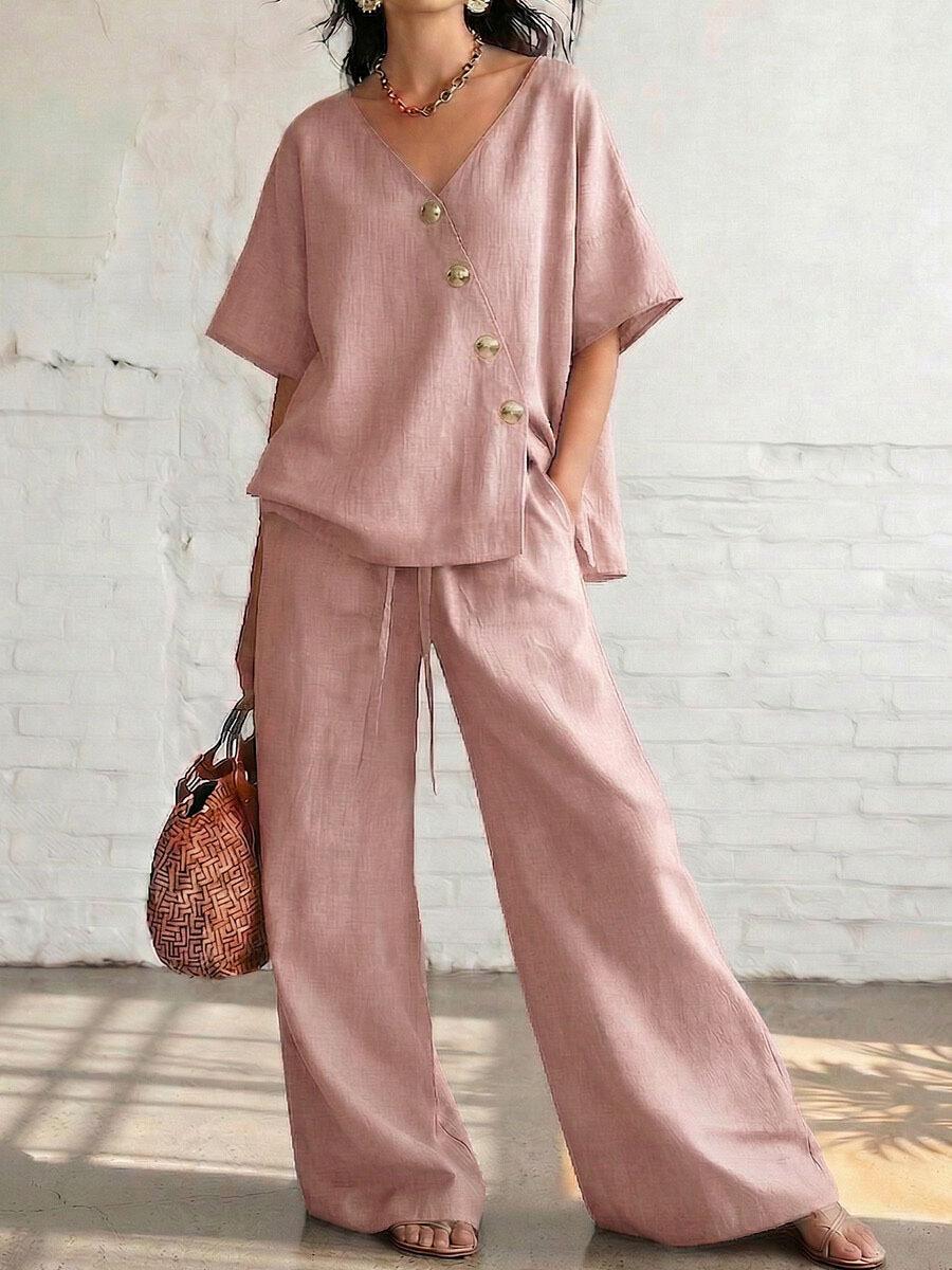 

V Neck Short Sleeve Top and High Waist Wide Leg Pants Two Piece Set in Multi Colors S розовый