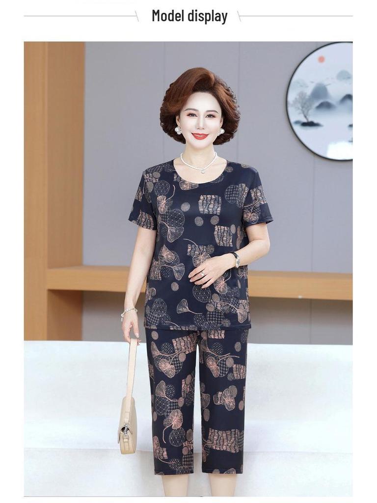 Women's Plus Size Ice Silk Pajama Set: Casual Short Sleeve Two-Piece for Middle-aged and Elderly Moms