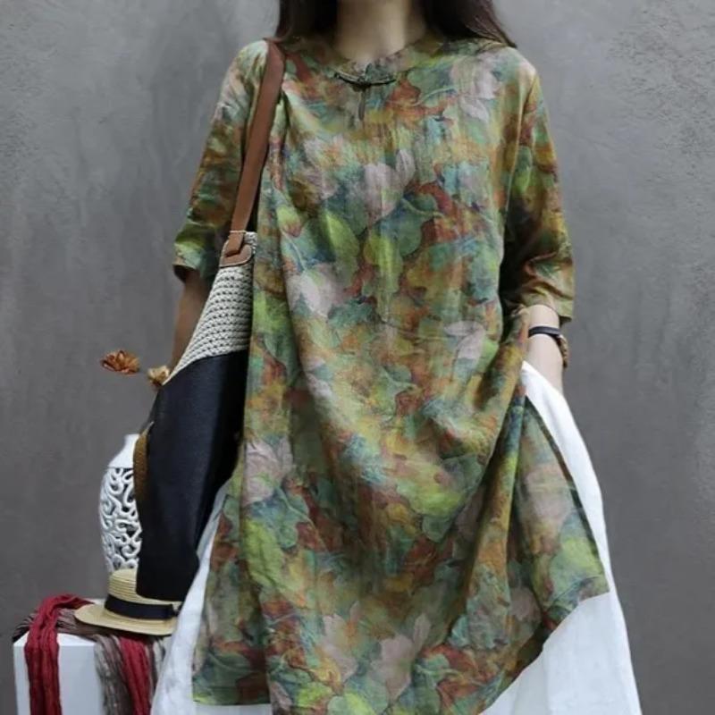 

Women s Green Floral Print Mandarin Collar Three-Quarter Sleeve Loose Fit Casual Ramie Tunic Top M зелёный