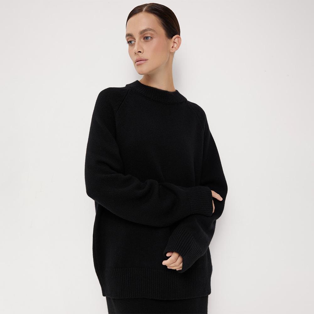 

Пуловер с круглым вырезом для женщин Осень Зима Свободный крой Вязаный шерстяной джемпер Простой трикотаж для леди Роскошный Свободного кроя Стройнящий Универсальный топ L чёрный
