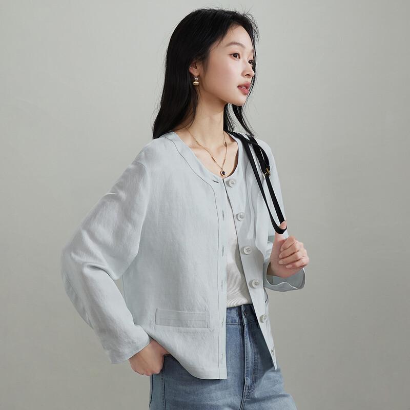 SOFSIL Women's Linen Blend Round Neck Short Jacket