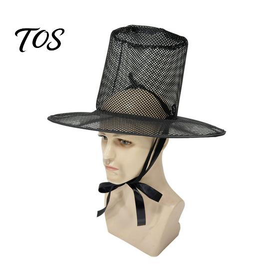 Crisp Fabric Hat Vintage Korean Gat Hat, Black Mesh Wide Brim Joseon Dynasty Three-dimensional Design Scholar with Neck Strap, Halloween Cosplay