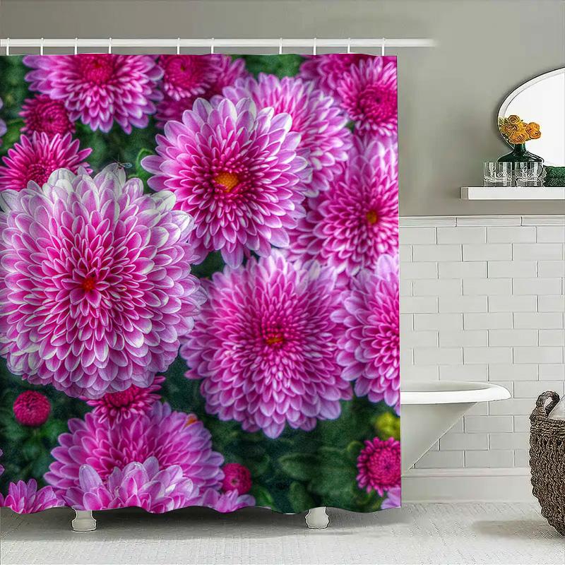 Beautiful Pink Chrysanthemum Shower Curtain For Bathroom Decor Floral Print Home Decoration 3D Waterproof Bath Mat Set