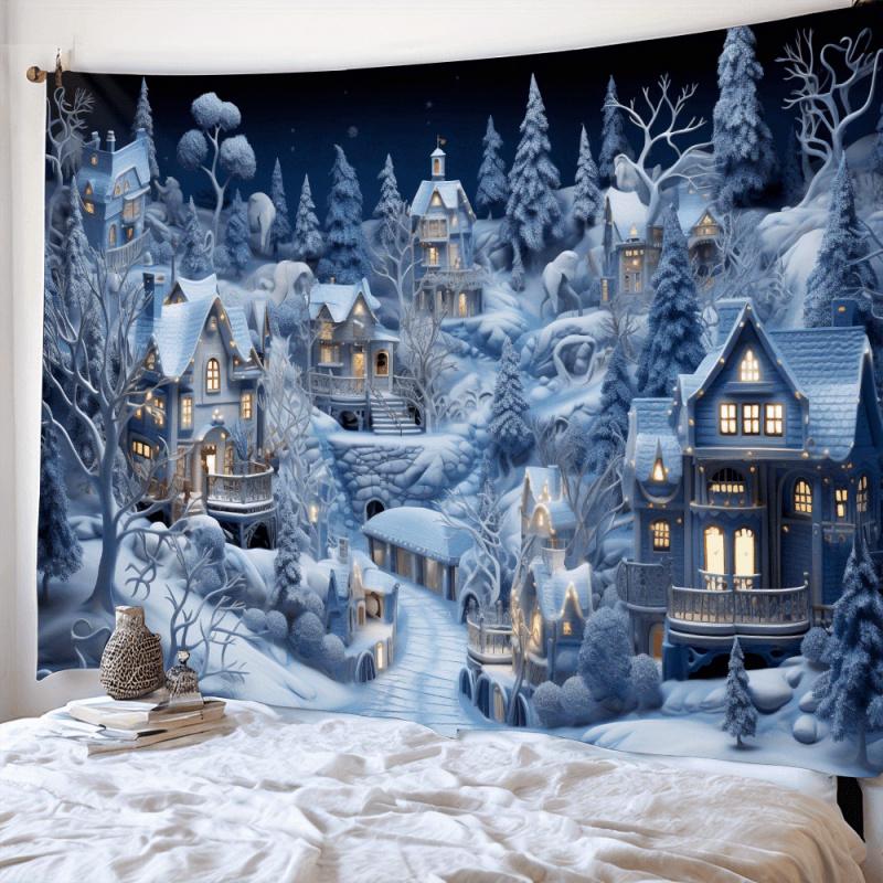 VIKAMA Ice Fantasy Village Tapestry with Snow Covered Cottages for Bedroom Living Room Decor Aesthetic Dreamy Healing Wall Art