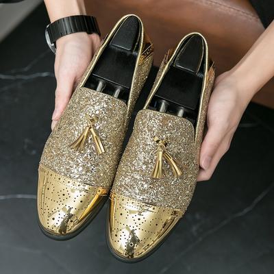 Men Wedding Tassels Leather Casual Shoes Luxury Designer Pointed Gold Sequin Loafers Brand Dress Evening Footwear Zapatos Hombre