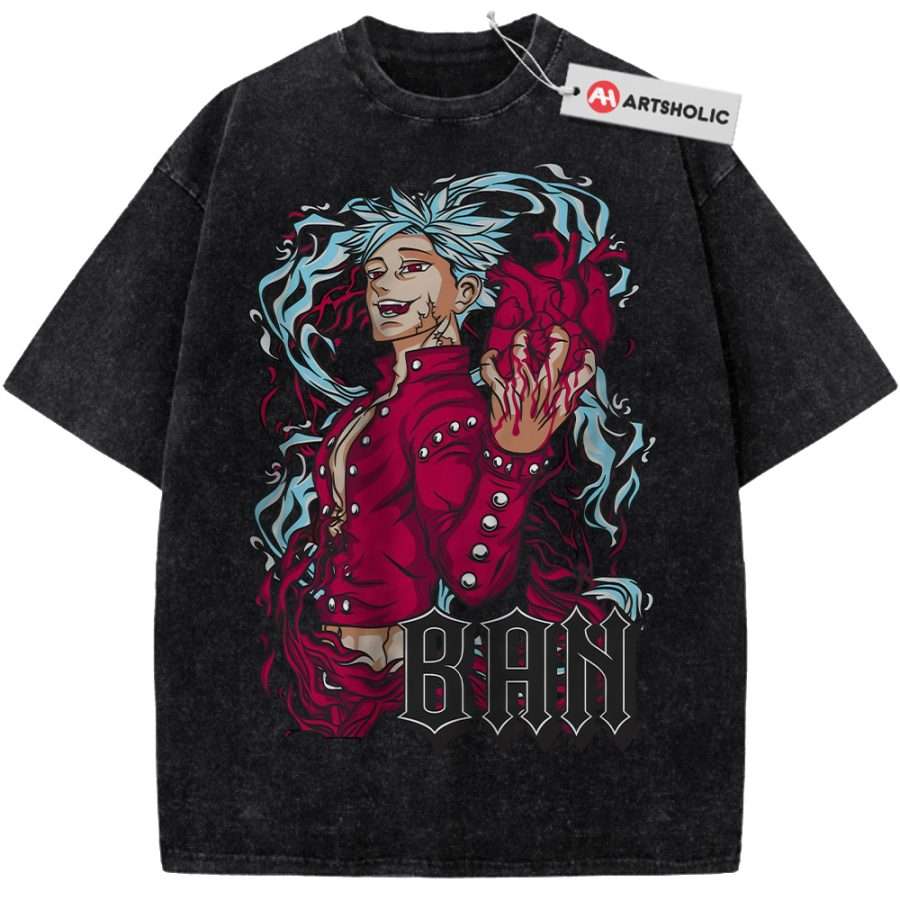 Hot Sale Anime Peripherals The Seven Deadly Sins Ban Print Tshirt Men Women Vintage Washed Cotton Top Oversized Summer New Tees