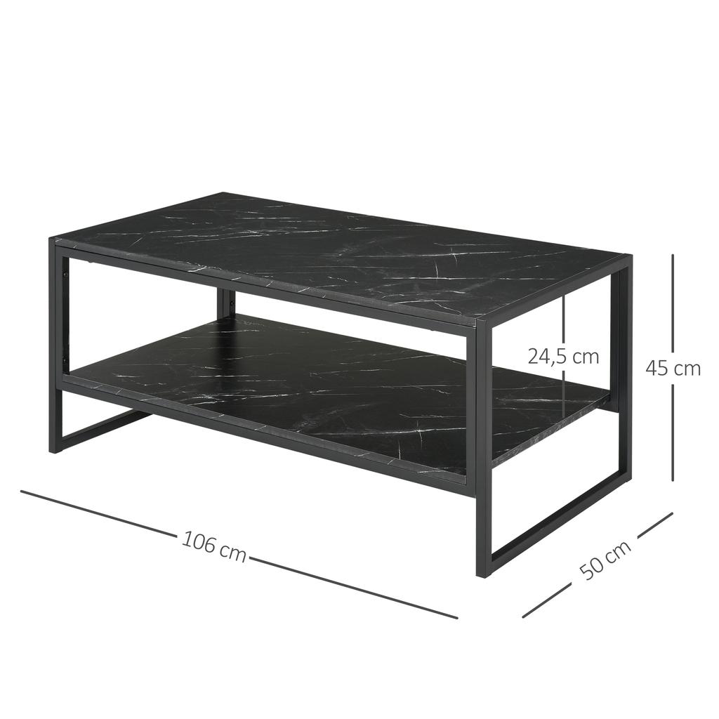 Tavolino da caffè, Tavolino centrale a due livelli effetto marmo finto con struttura in metallo e ripiano portaoggetti per soggiorno, 106 x 50 x 45 cm, Nero