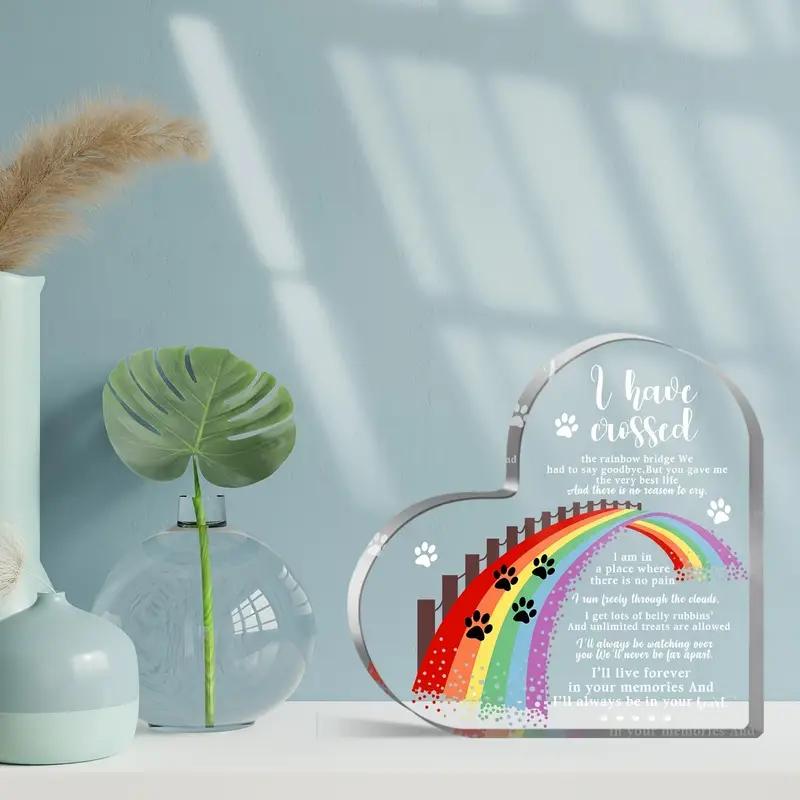 2D Flat Heart-Shaped Acrylic Pet Memorial Gift Desktop Decorative Plaque, Rainbow Bridge Design, Home Decor Plaque Hanging Wall Art Decorative Garden
