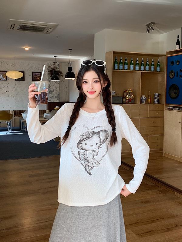 

Spring 2026 Plus Size Women s Printed Long Sleeve Round Neck T-shirt L белый