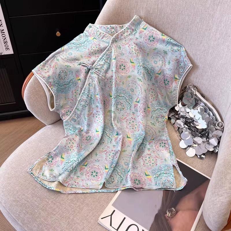 Small shirt Internet celebrity retro button improved cheongsam shirt women's summer short-sleeved shirt T-shirt