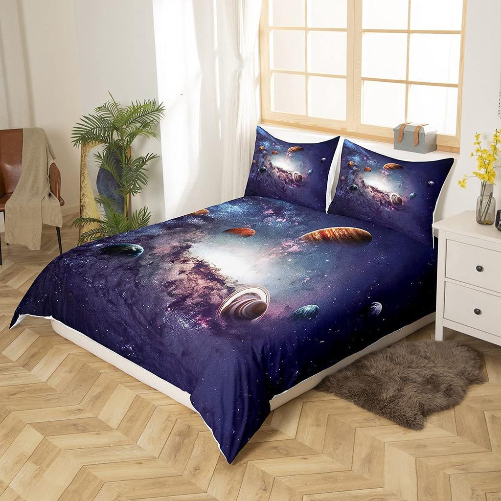 Set Duvet Stele Imprimeu Galaxie Univers Set Trei Piese Kit Lenjerie de Pat pentru Adolescenți Copii