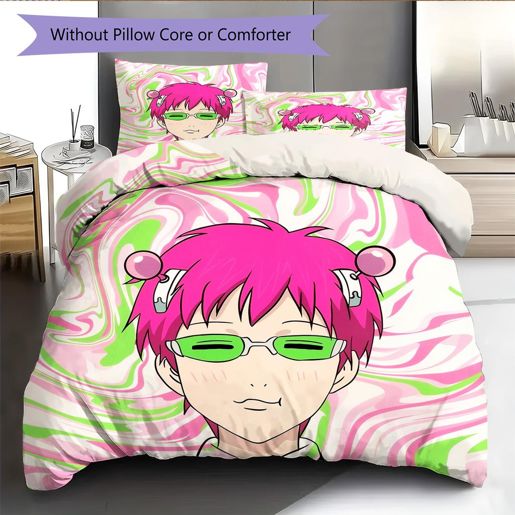 Saiki Kusuo Pattern Bedding Quilt Set Home Decoration Gift (1 * duvet cover + 2 * pillowcase without core)