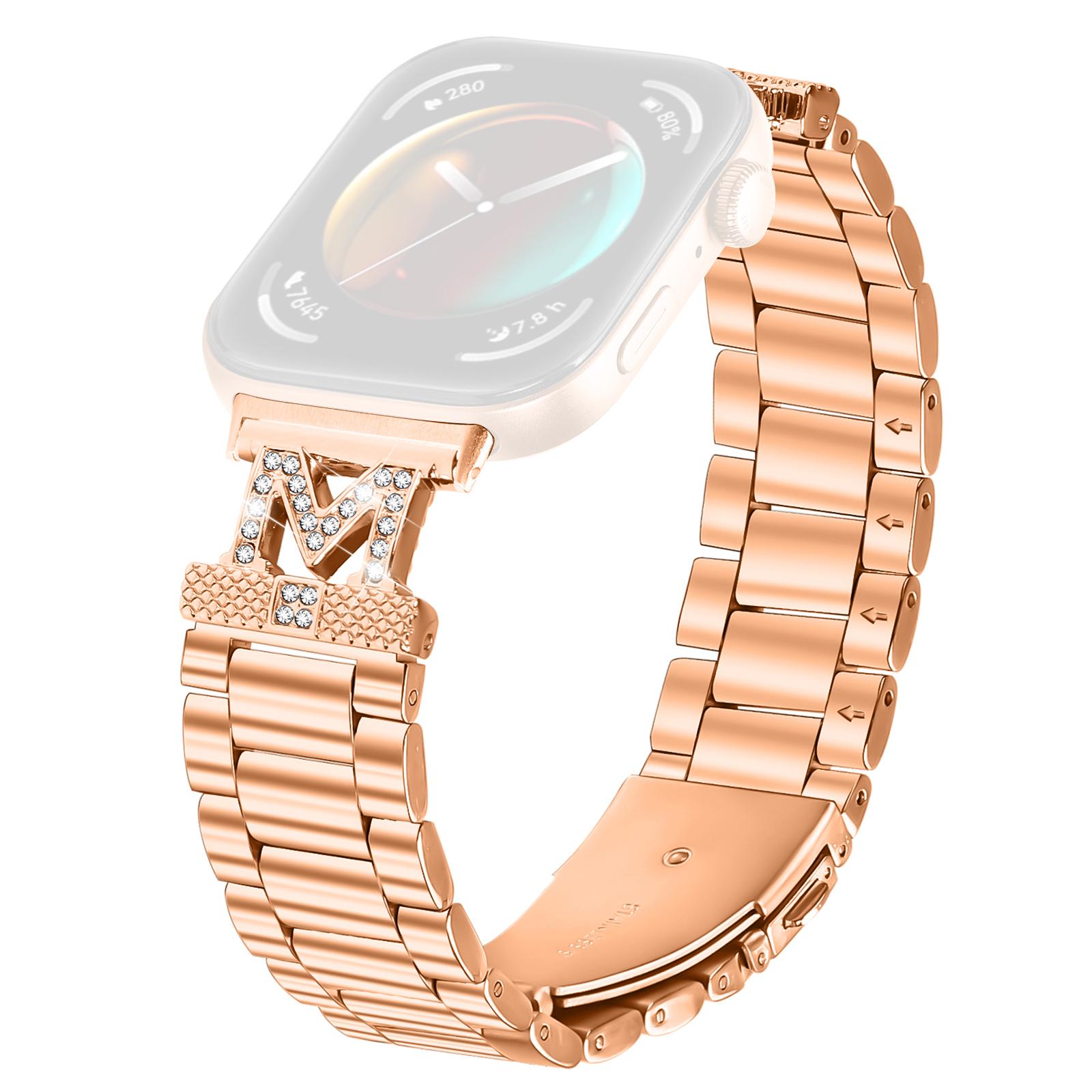 

For Huawei Watch Fit 3 Replacement Strap M-Type Rhinestones Decor Stainless Steel 3-Bead Watch Band Rose Gold
