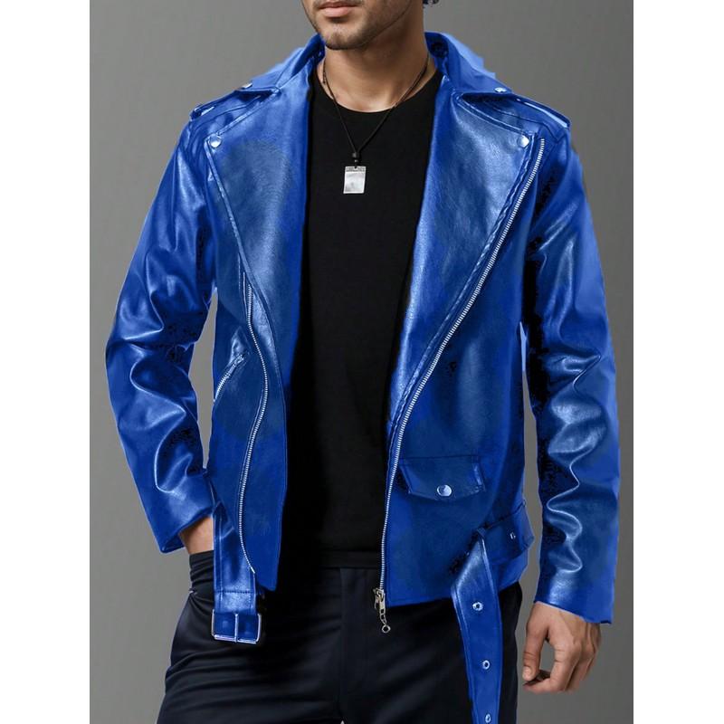 Mens Slim Fit PU Leather Biker Jacket With Lapel Collar Zipper Front Stylish Motorcycle Coat