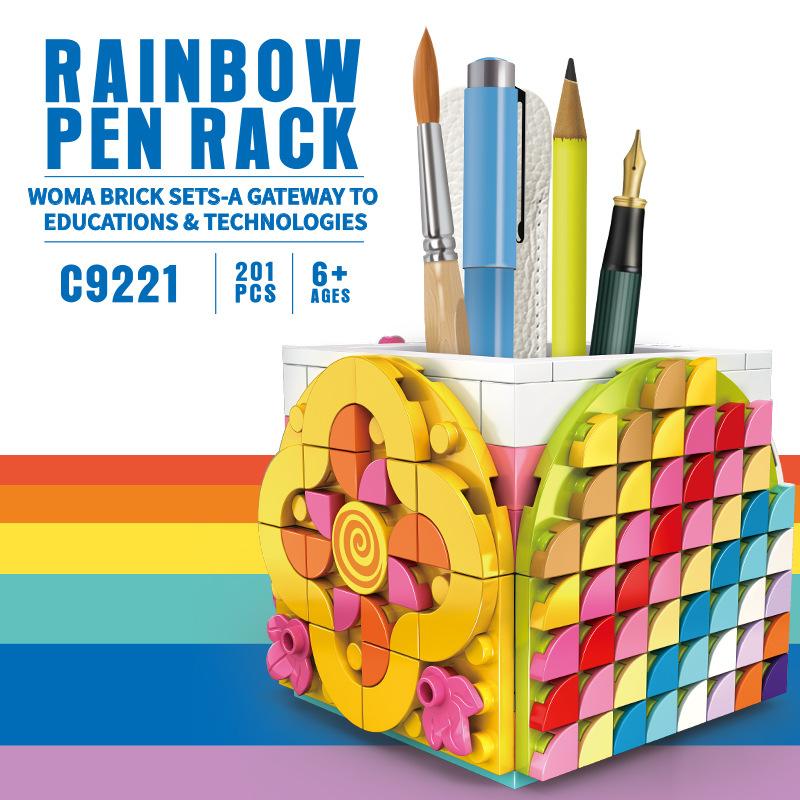 School Season Rainbow Pen Holder Cartoon Building Block Pen Holder Children Diy Small Particles Assembled Girl Gift Ornament