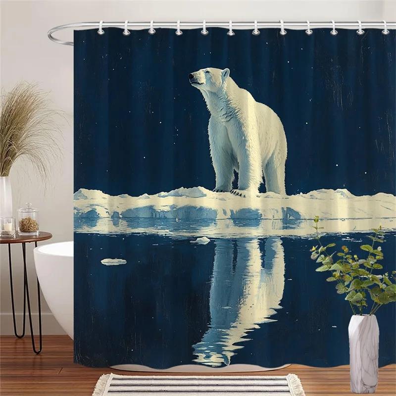 

1Pc Polar Bear Starry Night Shower Curtain - Realistic Arctic Landscape With Ice Floe & Northern Lights, 70.86X70.86 In, 12 Hook W60H190(CM)-1 Pcs