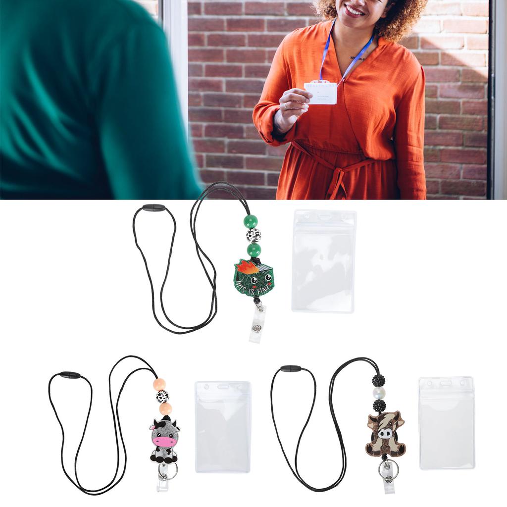 Badge Holder with Lanyard Cartoon Beaded Design Adjustable Nylon Cord Bus Card Holder for Office Sch