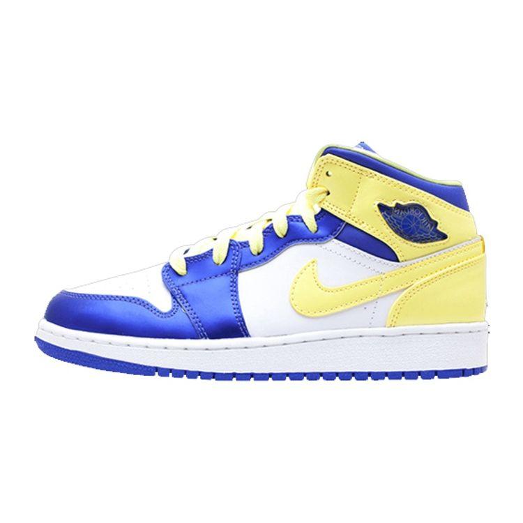 

Кроссовки Air Jordan 1 Mid GS Пасха Детские Белые Violet-Force-Elctrc-Yllw 555112-118