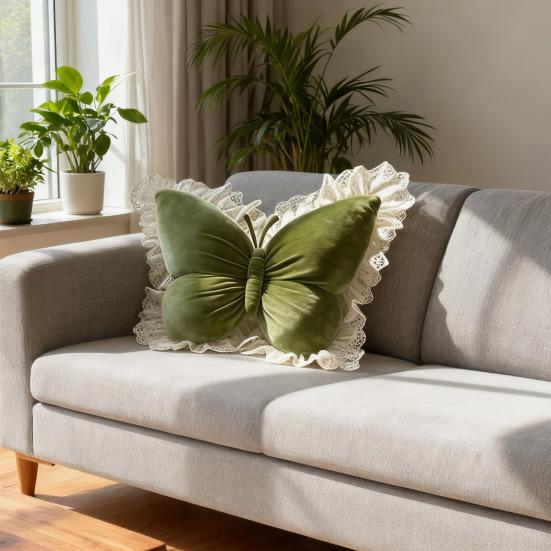 Butterfly Shape Throw Pillow Velvet Butterfly Pillow with Lace Trim Decorative Pillow for Sofa Couch Bedroom Office Decor