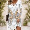 Women s Criss Cross V Neck Long Sleeve Printed Dress Black Blue Green Mandala Curved Hem