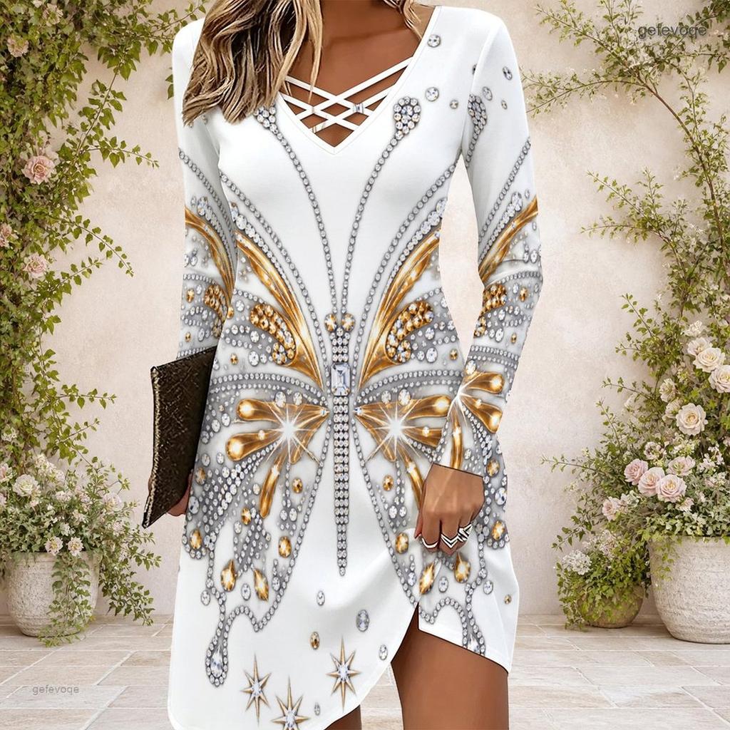 Women s Criss Cross V Neck Long Sleeve Printed Dress Black Blue Green Mandala Curved Hem