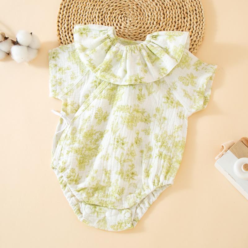 Baby Cotton One-piece Short-sleeved Cotton Yarn Triangular Fart-wrapped Romper Spring and Summer Thin Children's Fart-wrapped with Bib Clothes