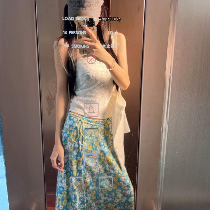 

Seaside Resort Style: Blue Floral French Drawstring Bandeau Top & Skirt Set Small
