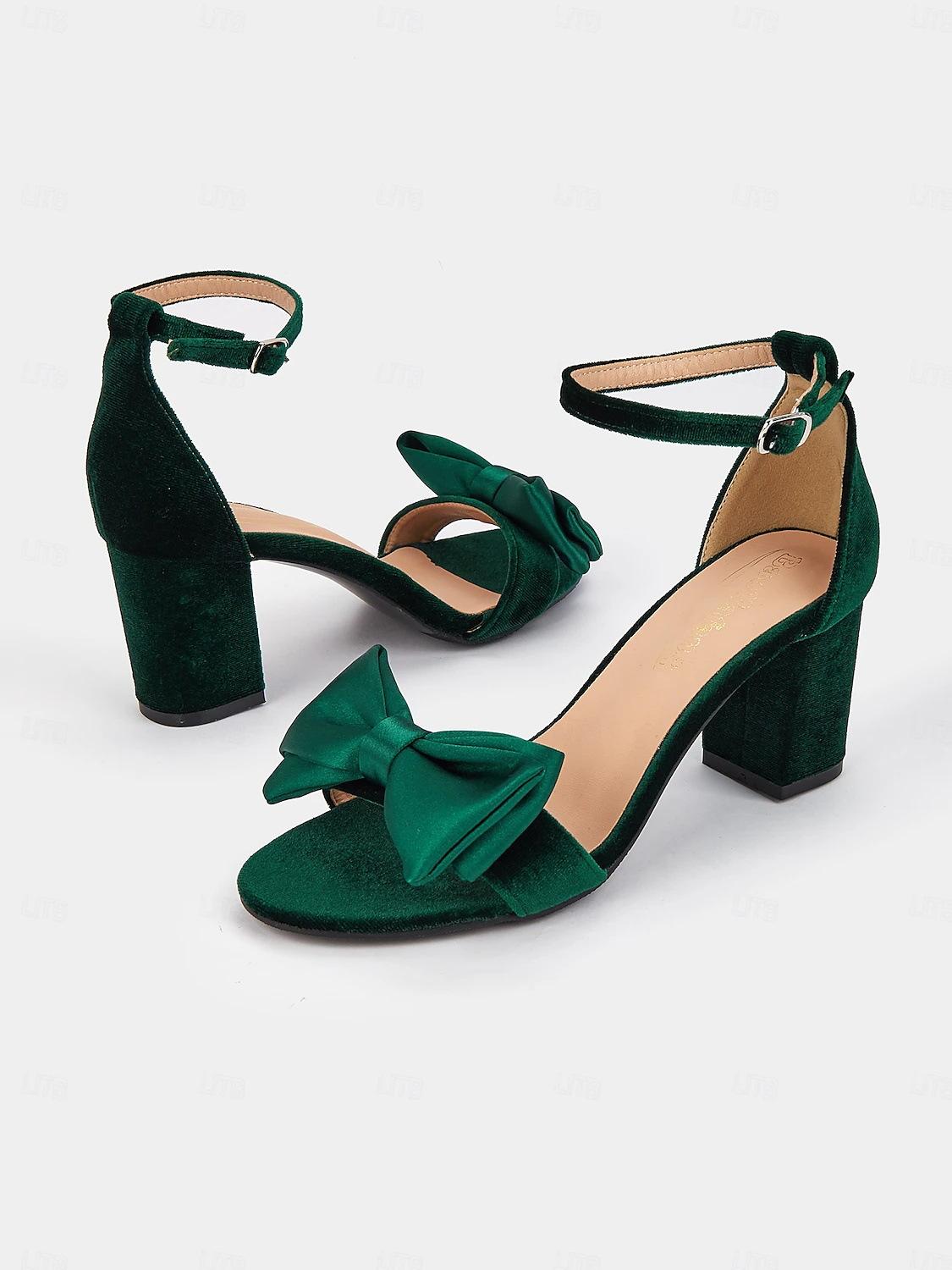 

Ladies Green Velvet Chubby Heels Open-toed Sandals Satin Bow Ankle Strap Comfortable Wedding Bridesmaids Shoes 43 зелёный