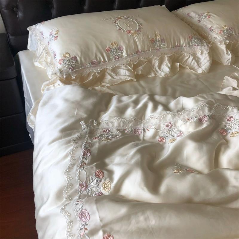 Juego de Ropa de Cama Suave y Sedoso de Fibra de Bambú Lyocell 800 Hilos Bordado Floral Rosa Volantes de Encaje Funda Nórdica Sábana Plana/Bajera Fundas de Almohada