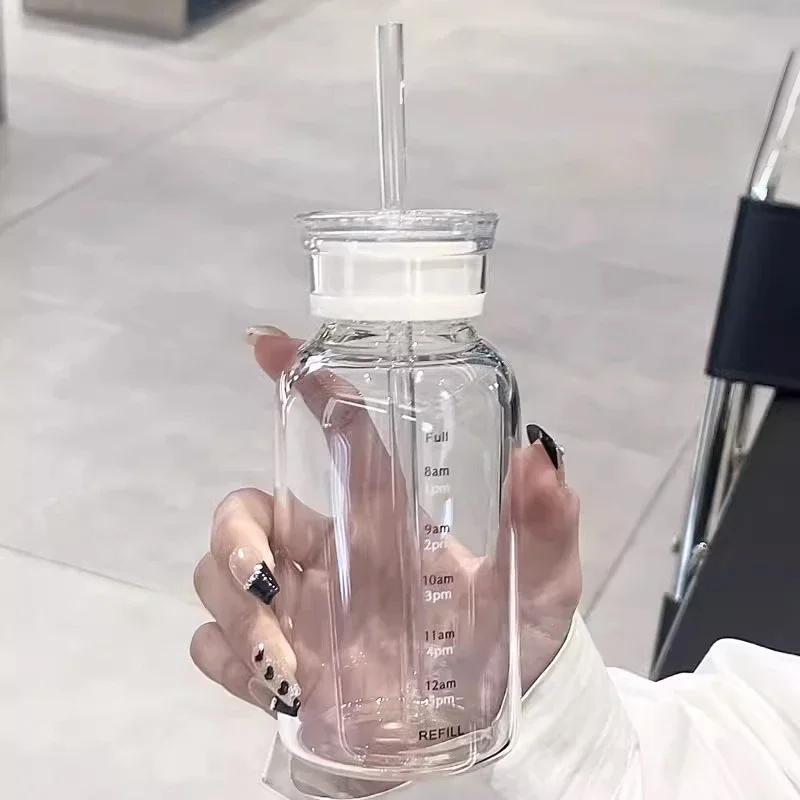 300-750ml Double Lid Water Bottle High Borosilicate Glass Water Cup with Straw Korean Portable Milk Juice Cup with Time Marker