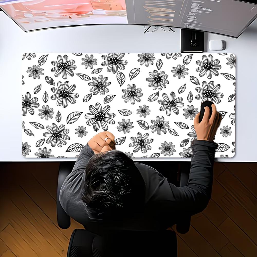 XXL Gaming Mousepad Black White Floral Pattern Desk Pad Rubber Anti-slip Overlock Keyboard Mat Daisy Flower Computer Mouse Mats