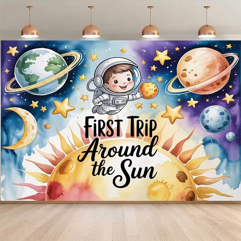 2D Outer Space First Birthday Backdrop Planets, Stars and Astronaut  First Trip  Banner 47.2x31.5inch/120*80cm