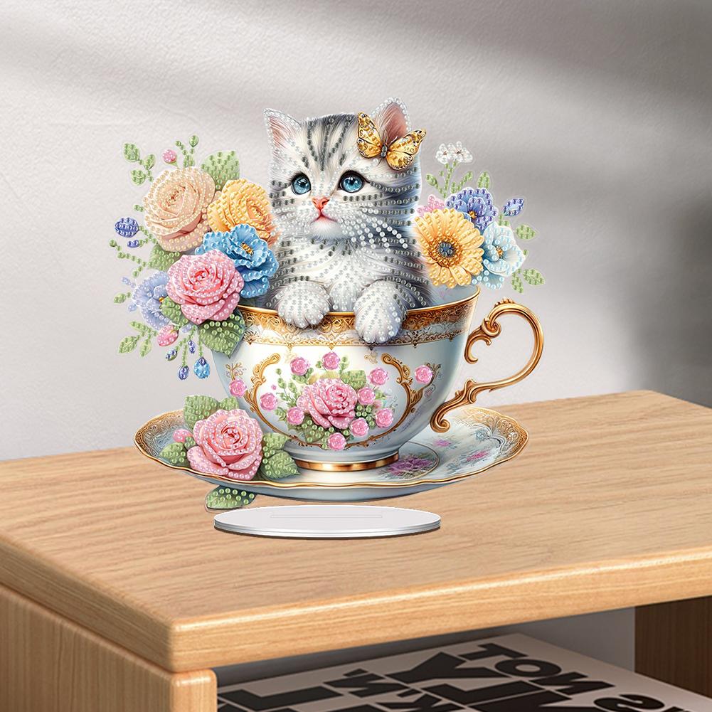 Acrylic Special Shape Floral Cat Cup Diamond Painting Tabletop Ornaments Kit Elf Girl Swan DIY Craft Crystal Painting Home Decor