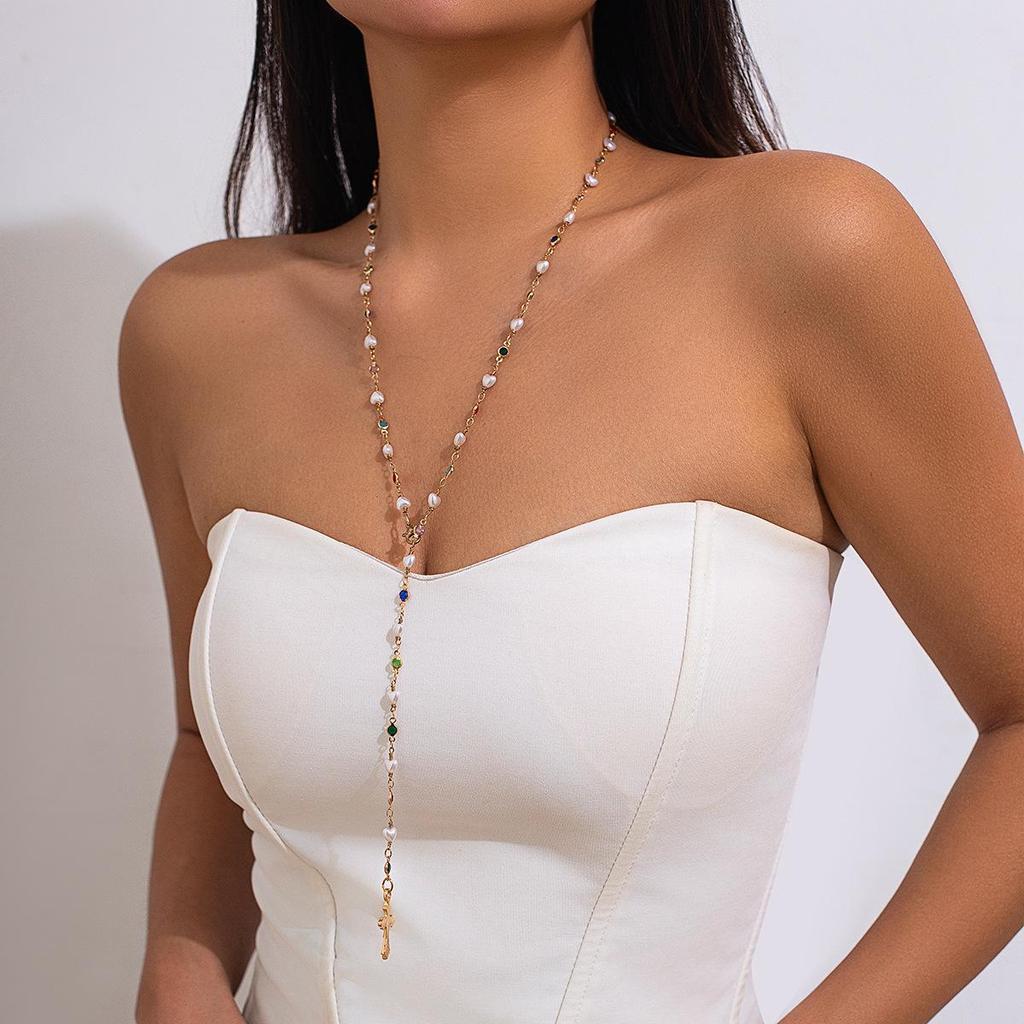 European & American Sweet Style Pearl Inlaid Y-Chain Necklace with Fresh Cross Alloy Design
